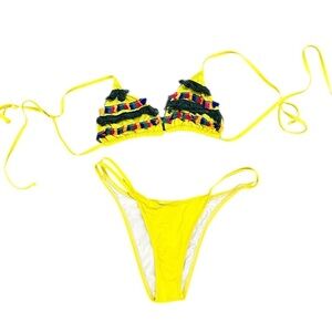 Letarte Yellow 2 piece Bikini triangle top with Colorful fringe Accents medium